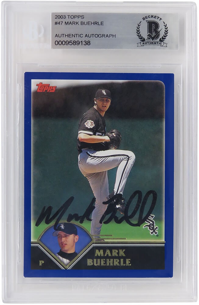 Mark Buehrle Signed 2003 Topps Baseball Card #47 Beckett Authenticated: Mark Buehrle Signed 2003 Topps Baseball Card #47 Beckett Authenticated This Mark Buehrle autographed baseball card is a must-have for any Chicago White Sox fan. Featuring the iconic 2003 Topps design,