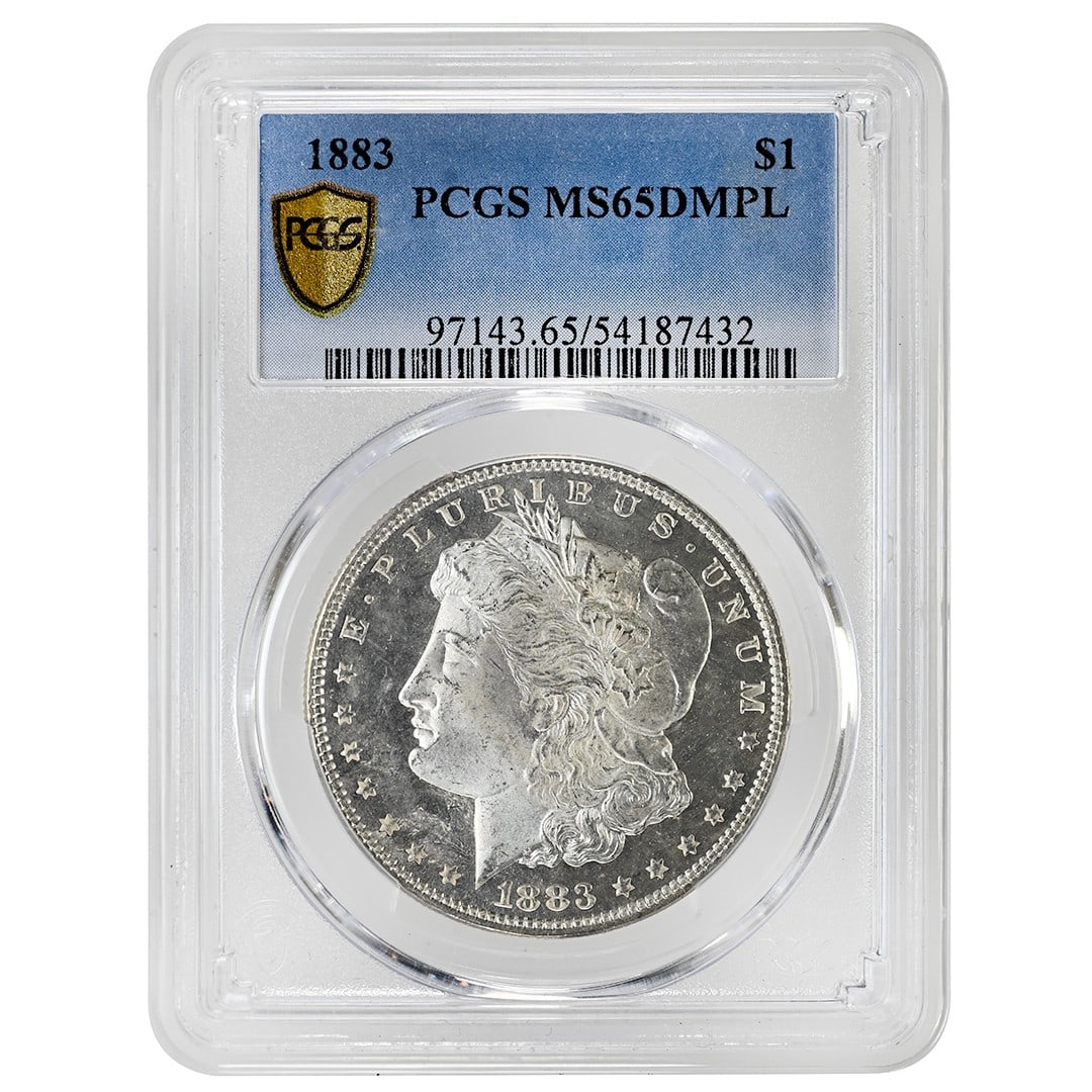 PCGS MS65DMPL 1883 Silver Morgan Dollar Philadelphia Mint Certified: PCGS MS65DMPL 1883 Silver Morgan Dollar Philadelphia Mint Certified This 1883 Morgan Dollar is a rare, uncirculated coin struck in Philadelphia. It features a deep mirror proof-like (DMPL) finish and