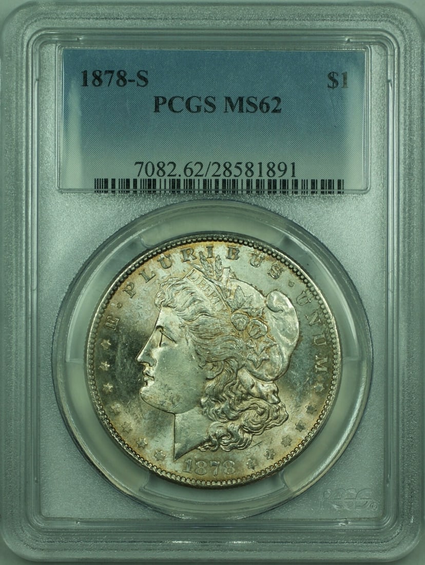 PCGS MS62 1878-S Morgan Dollar San Francisco Mint Silver Coin: PCGS MS62 1878-S Morgan Dollar San Francisco Mint Silver Coin This 1878-S Morgan Silver Dollar is certified by PCGS with a grade of MS-62. Minted in San Francisco, the coin is composed of silver and f