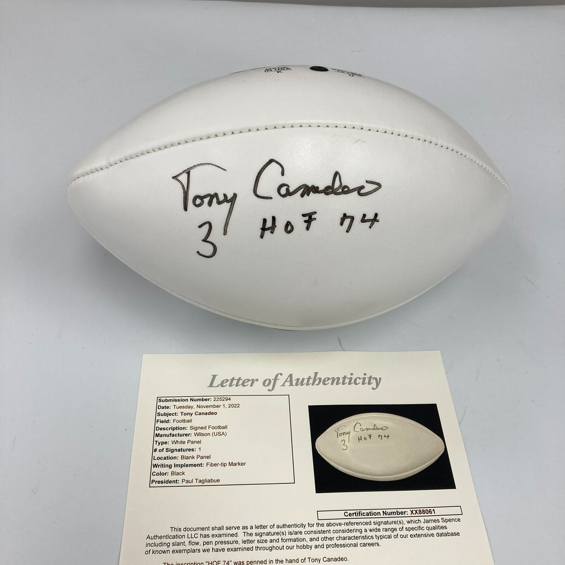 Rare Tony Canadeo Signed Wilson NFL Football HOF 1974 JSA COA: Rare Tony Canadeo Signed Wilson NFL Football HOF 1974 JSA COA Celebrate the legacy of Tony Canadeo with this authentic signed Wilson NFL football. This remarkable piece features Canadeo's inscription