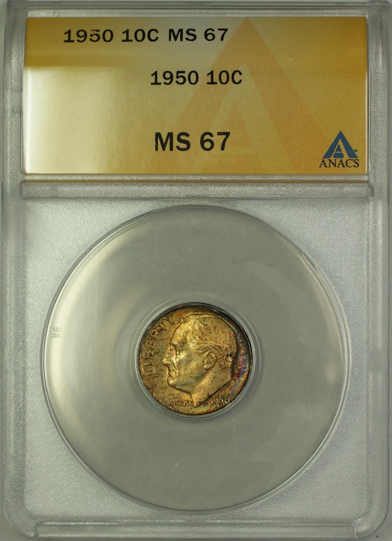 1950 ANACS MS 67 Silver Roosevelt Dime with Obverse Toning: 1950 ANACS MS 67 Silver Roosevelt Dime with Obverse Toning This 1950 Roosevelt Dime is composed of silver and was minted in Philadelphia. Certified by ANACS with a grade of MS 67, this uncirculated co