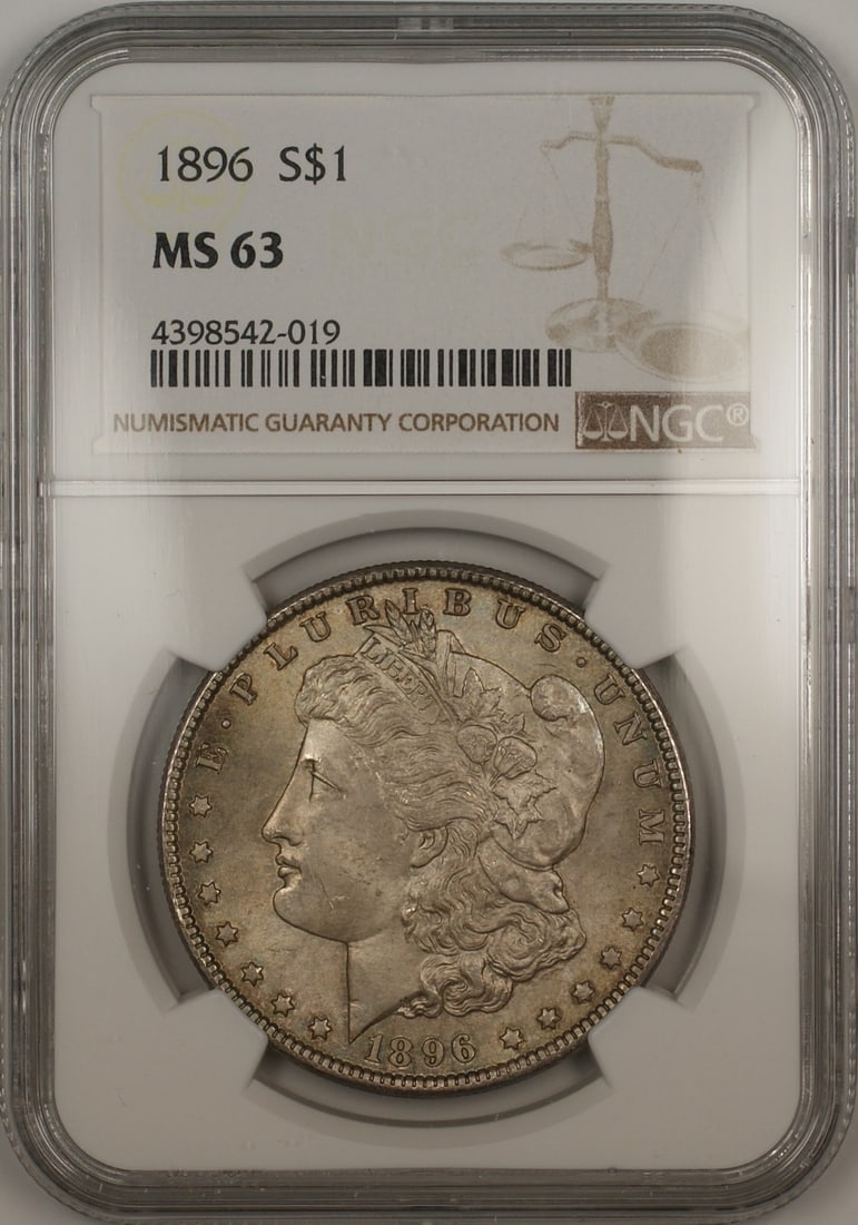 NGC MS-63 1896 Morgan Silver Dollar Philadelphia Mint Toned Uncirculated: NGC MS-63 1896 Morgan Silver Dollar Philadelphia Mint Toned Uncirculated This 1896 Morgan Silver Dollar features a lustrous silver composition and is certified by NGC with a grade of MS-63. The coin i
