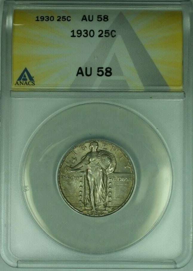 1930 Silver Standing Liberty Quarter ANACS Graded AU 58 Philadelphia Mint: 1930 Silver Standing Liberty Quarter ANACS Graded AU 58 Philadelphia Mint This 1930 Standing Liberty Quarter is a 25-cent coin from the United States, graded AU-58 by ANACS. Minted in Philadelphia, it