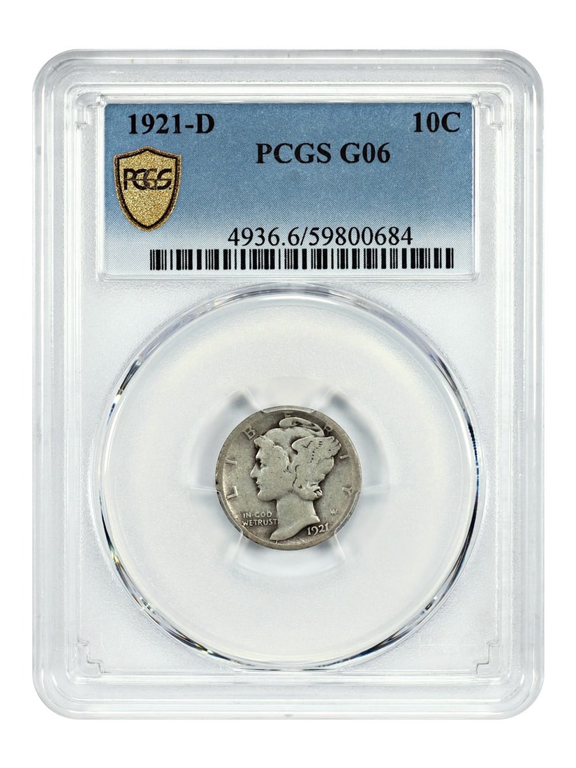 PCGS Graded 1921 Denver Mercury Dime 10C Semi Key Date: PCGS Graded 1921 Denver Mercury Dime 10C Semi Key Date This 1921-D Mercury Dime is a circulated coin certified by PCGS with a Good 06 grade. Minted in Denver, this semi key date piece is notable among