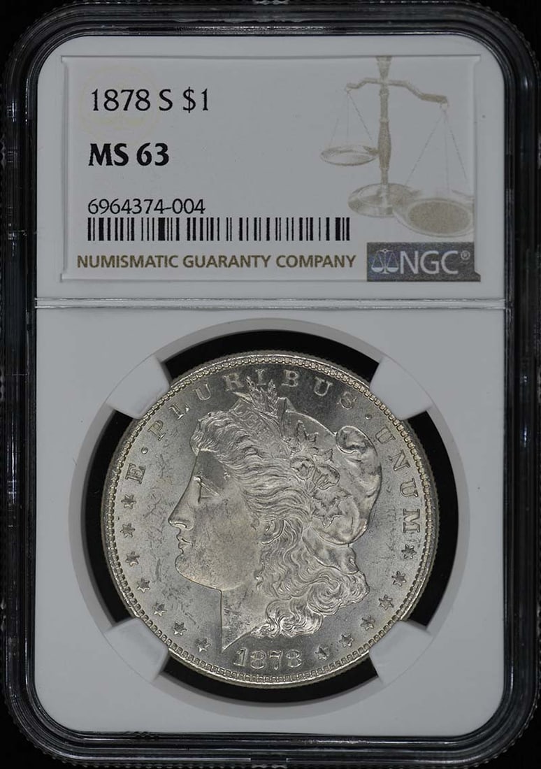 1878-S NGC MS63 Uncirculated Morgan Dollar Coin: 1878-S NGC MS63 Uncirculated Morgan Dollar Coin This 1878-S Morgan Dollar, certified by NGC with a grade of MS63, showcases its uncirculated condition and is a remarkable addition for any coin collect