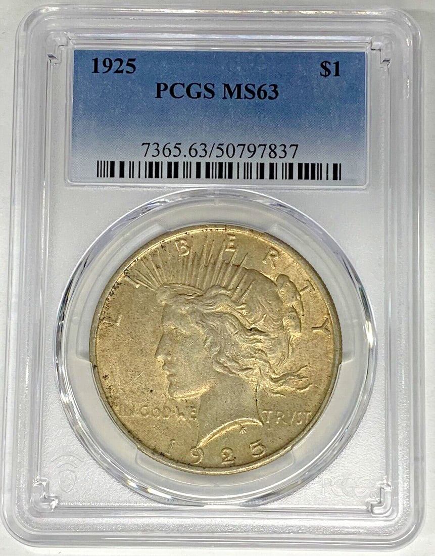PCGS MS 63 1925 Peace Dollar Silver Coin With Toning: PCGS MS 63 1925 Peace Dollar Silver Coin With Toning This is a 1925 Peace Silver Dollar coin from the United States, featuring a toned appearance. The coin is composed of silver and has a denomination