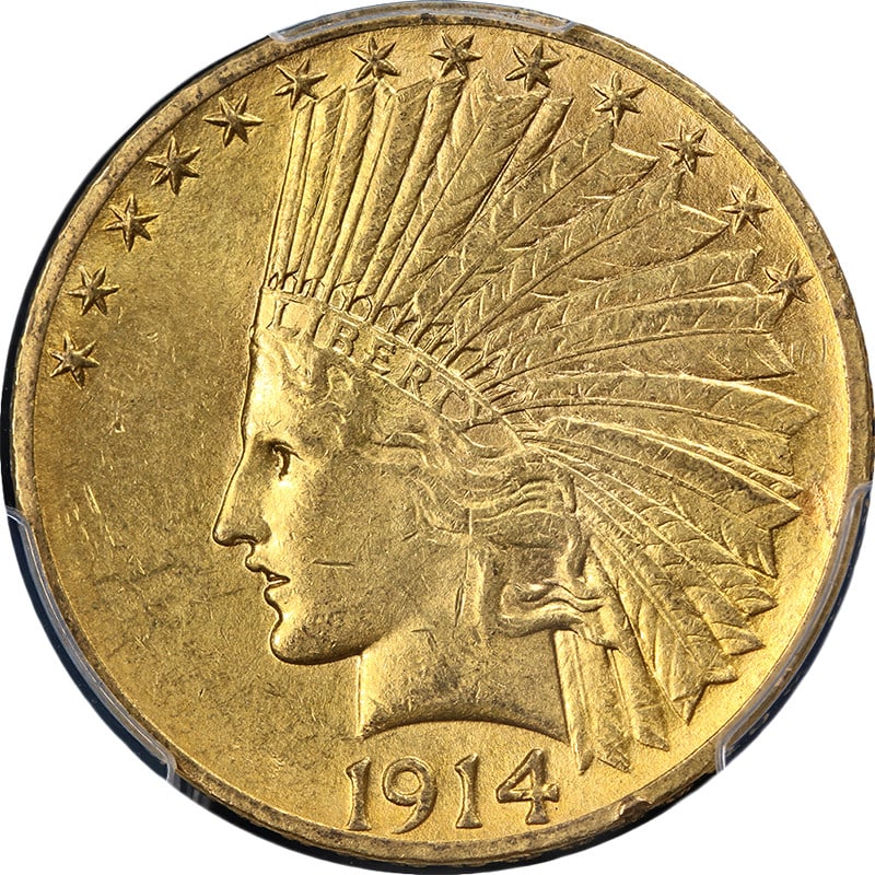 1914 Philadelphia Gold $10 Indian Coin PCGS AU58 Graded: 1914 Philadelphia Gold $10 Indian Coin PCGS AU58 Graded This 1914-P Indian Gold $10 coin is certified by PCGS with a grade of AU58, indicating attractive eye appeal with nice luster and a well-struck
