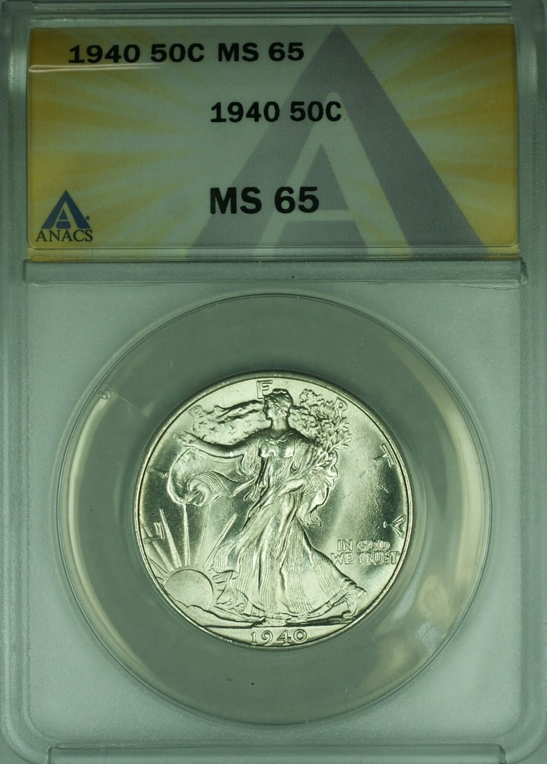 ANACS MS-65 1940 Liberty Walking Silver Half Dollar 50 Cent Coin: ANACS MS-65 1940 Liberty Walking Silver Half Dollar 50 Cent Coin This 1940 Walking Liberty Half Dollar is an un-used U.S. coin certified by ANACS with a grade of MS 65. Minted in Philadelphia, it feat
