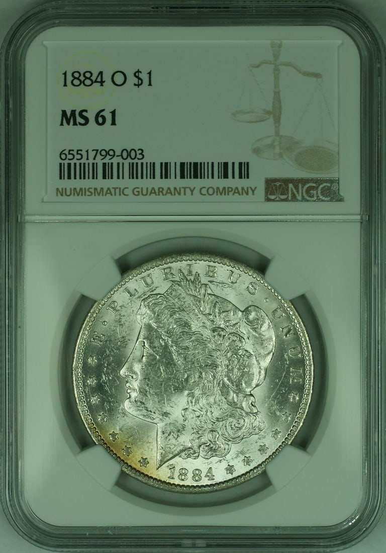 NGC MS 61 1884-O Morgan Dollar Uncirculated Silver Coin: NGC MS 61 1884-O Morgan Dollar Uncirculated Silver Coin This is an 1884-O Morgan Silver Dollar coin certified by NGC with a grade of MS 61. It was minted in New Orleans and remains uncirculated. The c