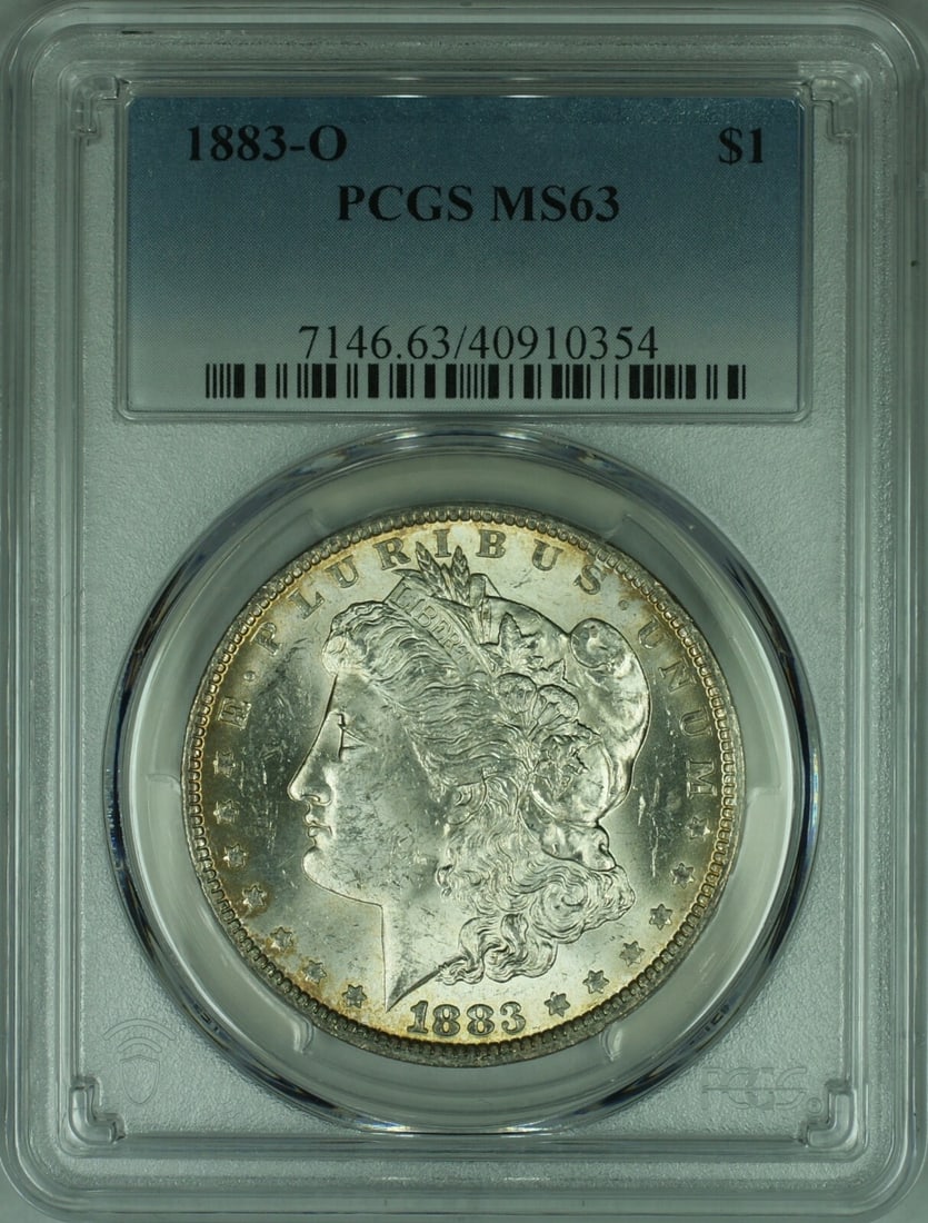 PCGS MS-63 1883-O Morgan Dollar Reverse Toned New Orleans Silver Coin: PCGS MS-63 1883-O Morgan Dollar Reverse Toned New Orleans Silver Coin This 1883-O Morgan Silver Dollar is certified by PCGS with a grade of MS-63. Minted in New Orleans, this uncirculated coin feature