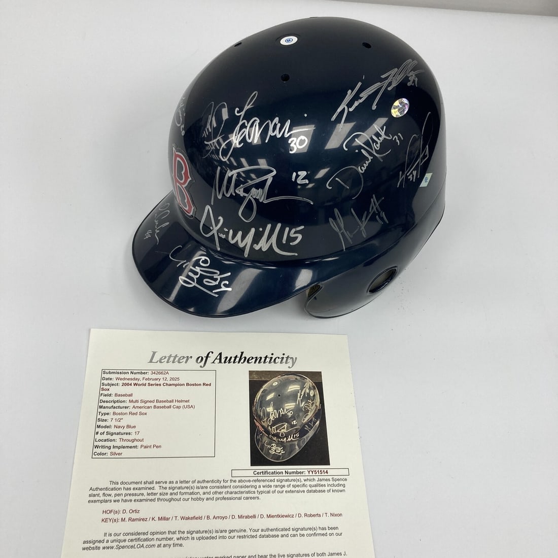 2004 Boston Red Sox Team Signed Helmet with JSA COA Autographs by 17 Players: 2004 Boston Red Sox Team Signed Helmet with JSA COA Autographs by 17 Players Celebrate the historic achievement of the 2004 Boston Red Sox with this team-signed batting helmet, a remarkable piece of b