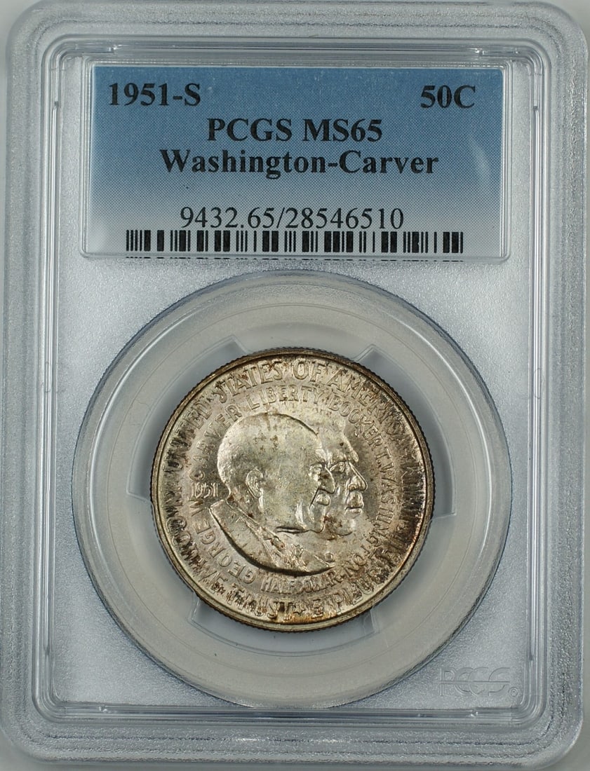 PCGS MS65 1951-S Toned Washington-Carver Silver Half Dollar Very Limited Issue: PCGS MS65 1951-S Toned Washington-Carver Silver Half Dollar Very Limited Issue This is a 1951-S Washington-Carver Commemorative Silver Half Dollar Coin, certified by PCGS with a grade of MS-65. The co