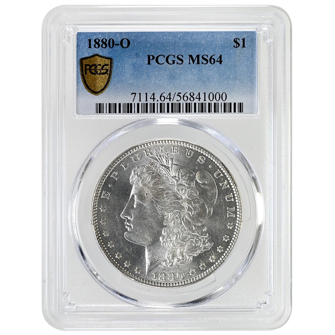 PCGS MS64 1880-O Morgan Silver Dollar from New Orleans Mint: PCGS MS64 1880-O Morgan Silver Dollar from New Orleans Mint This is an 1880-O Morgan Dollar, a rare silver coin minted in New Orleans. Certified by PCGS with a grade of MS64, this uncirculated coin of