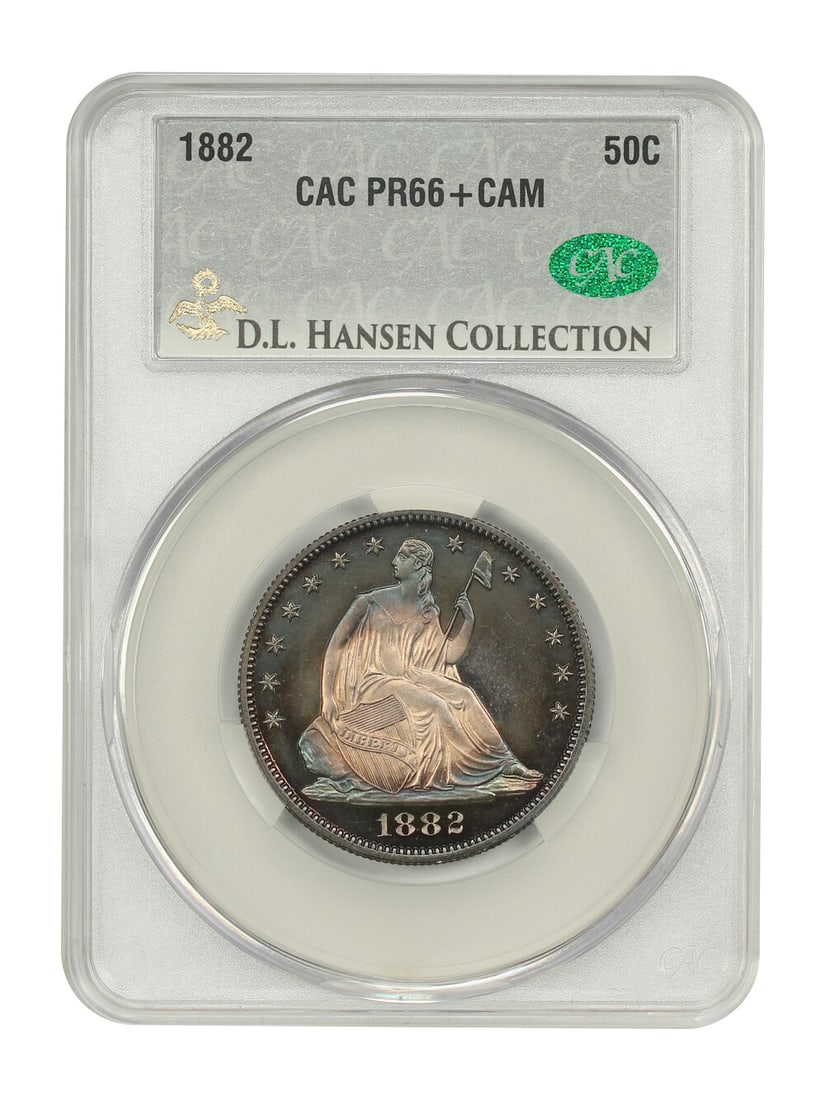 1882 Liberty Seated Half Dollar PR66+CAM CACG Certified Rare Proof Coin: 1882 Liberty Seated Half Dollar PR66+CAM CACG Certified Rare Proof Coin This 1882 Liberty Seated Half Dollar showcases a stunning cameo effect, enhanced by deep rainbow toning around both sides. Certi