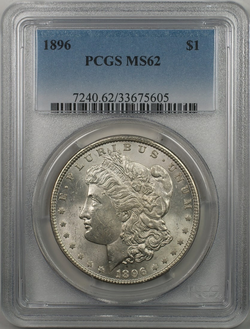 PCGS MS62 1896 Silver Morgan Dollar Coin Philadelphia Mint Certified: PCGS MS62 1896 Silver Morgan Dollar Coin Philadelphia Mint Certified This 1896 Morgan Silver Dollar is a $1 coin from the United States, graded MS 62 by PCGS. It is uncirculated and was minted in Phil