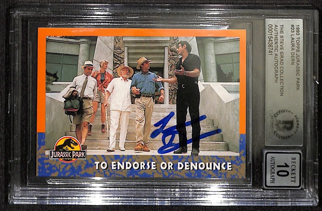 1993 Topps Jurassic Park Card #23 Laura Dern Beckett Auto Grade 10: 1993 Topps Jurassic Park Card #23 Laura Dern Beckett Auto Grade 10 This is a 1993 Topps Jurassic Park #23 non-sports trading card, signed by Laura Dern as Dr. Ellie Statler. The autograph was obtained