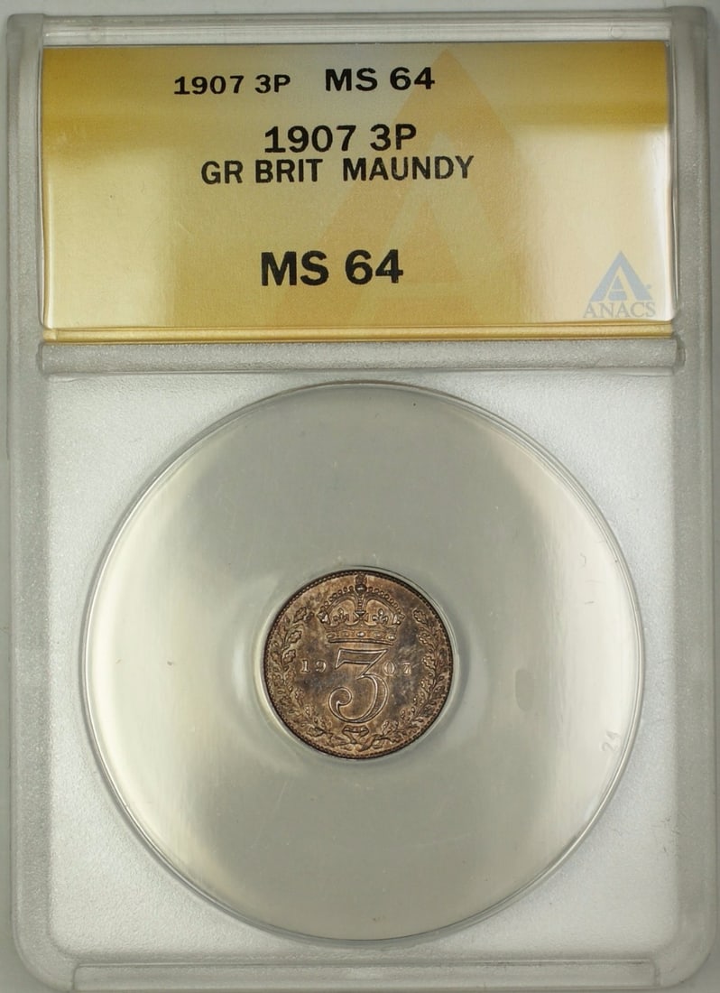 1907 United Kingdom Silver Maundy Three Pence ANACS MS-64 Coin: 1907 United Kingdom Silver Maundy Three Pence ANACS MS-64 Coin This is a 1907 Great Britain King Edward VII Maundy three pence silver coin. The coin is certified by ANACS with a grade of MS 64 and is