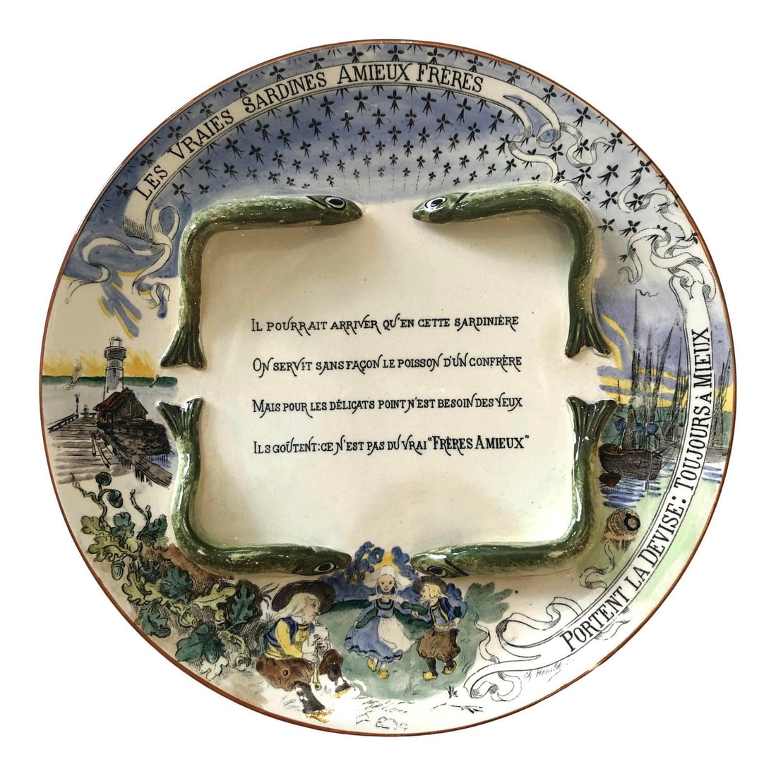 Rare French Majolica Sardines Plate by Georges Dreyfus 1890-1950: Rare French Majolica Sardines Plate by Georges Dreyfus 1890-1950 This rare French Majolica advertising plate from "Freres Amieux" features a charming design that promotes sardines and other delicacies