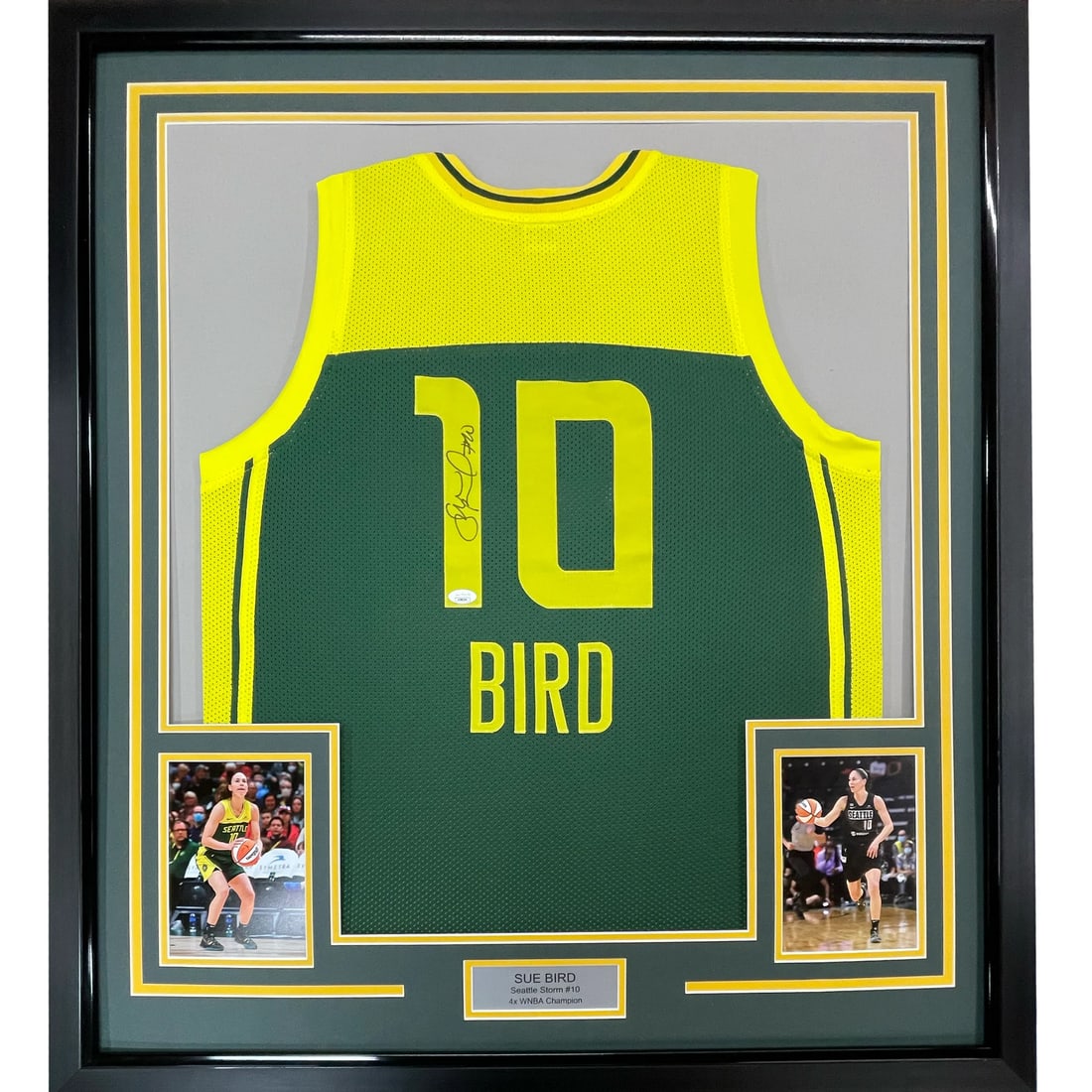 Framed Autographed Sue Bird Seattle Storm Jersey with JSA COA 35x39: Framed Autographed Sue Bird Seattle Storm Jersey with JSA COA 35x39 Celebrate the legacy of Sue Bird with this professionally framed and matted autographed Seattle Storm basketball jersey. Measuring 3