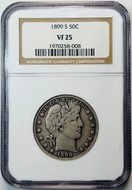 San Francisco Mint 1899 Silver Barber Half Dollar Graded VF 25 by NGC: San Francisco Mint 1899 Silver Barber Half Dollar Graded VF 25 by NGC This 1899 S Barber Half Dollar is certified by NGC with a grade of VF 25, indicating it is in Very Fine condition. Struck in silve