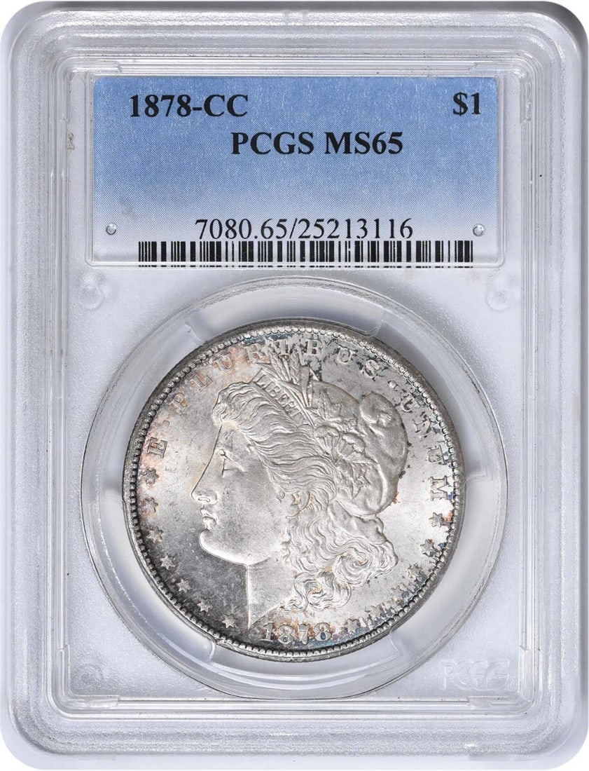 1878-CC Morgan Silver Dollar MS65 PCGS Uncirculated Coin: 1878-CC Morgan Silver Dollar MS65 PCGS Uncirculated Coin This 1878-CC Morgan Silver Dollar is a stunning piece for collectors, certified by PCGS with a grade of MS65, indicating its uncirculated condi