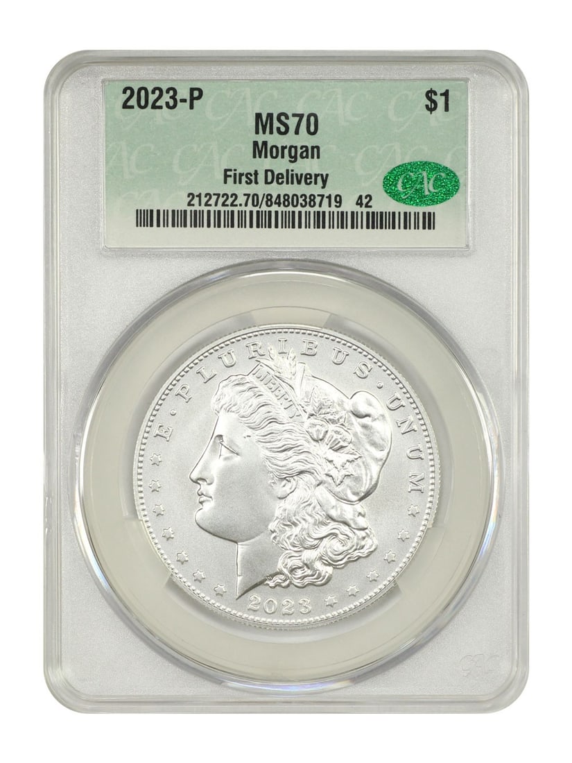 Morgan Dollar 2023 Philadelphia CACG MS70 First Delivery $1 Coin: Morgan Dollar 2023 Philadelphia CACG MS70 First Delivery $1 Coin This 2023-P Morgan Dollar is a commemorative $1 coin struck at the Philadelphia Mint. Certified by CACG with a perfect MS70 grade, it i