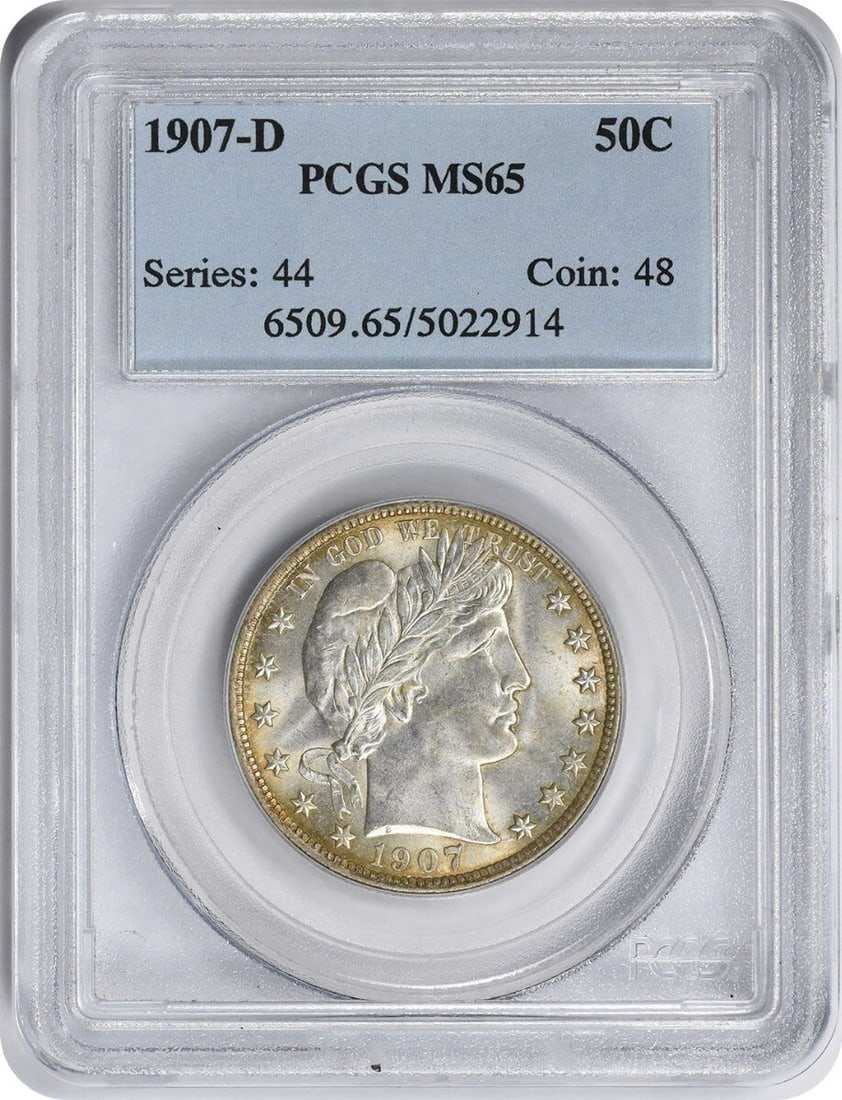 1907-D Barber Half Dollar MS65 PCGS Uncirculated 90% Silver: 1907-D Barber Half Dollar MS65 PCGS Uncirculated 90% Silver This 1907-D Barber Silver Half Dollar, graded MS65 by PCGS, is a remarkable piece for any coin collector. Struck in Denver, this uncirculate