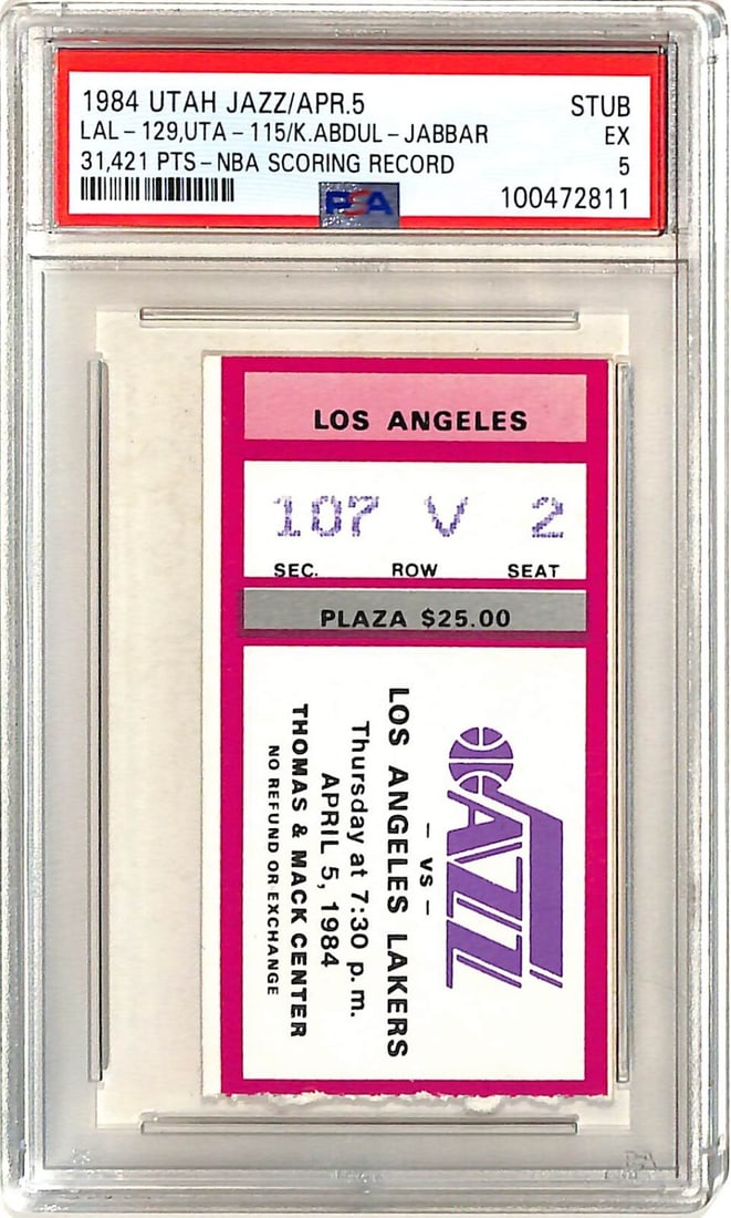 Kareem Abdul-Jabbar 1984 Lakers vs Jazz Ticket PSA Authenticated (1 of 3)