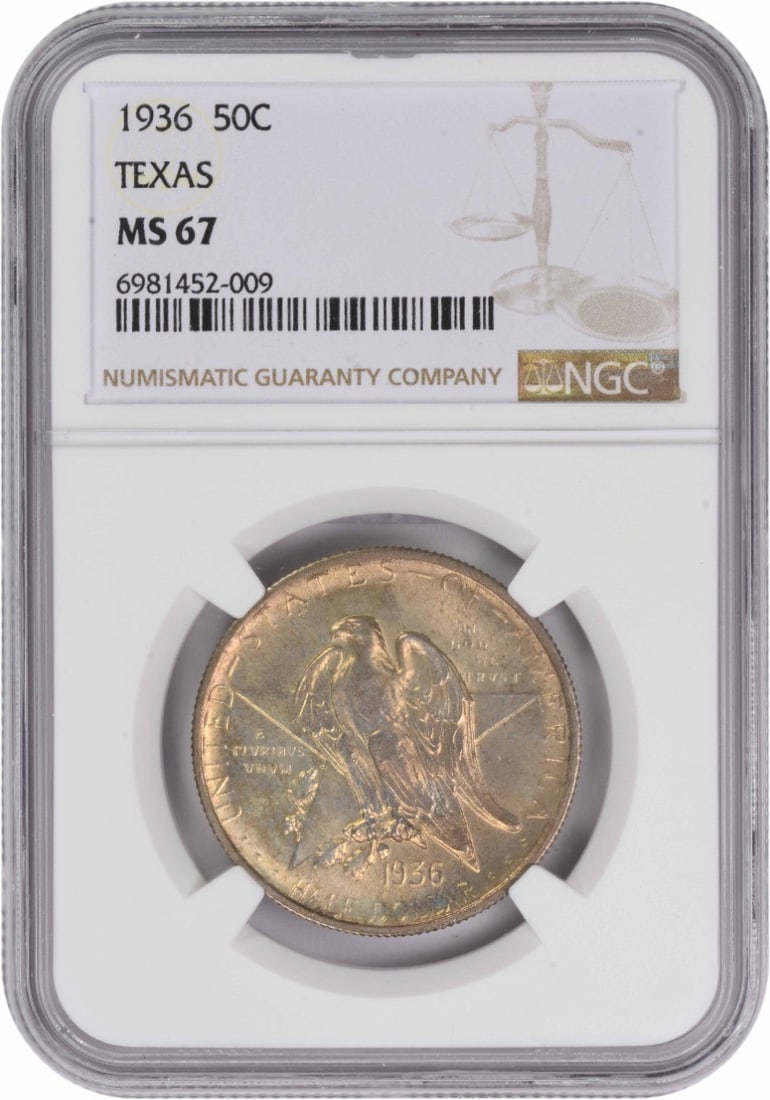 1936 United States Commemorative Half Dollar MS67 NGC Certified: 1936 United States Commemorative Half Dollar MS67 NGC Certified This 1936 Texas Commemorative Half Dollar is a United States coin graded MS67 by NGC. Struck in Philadelphia, it features a composition