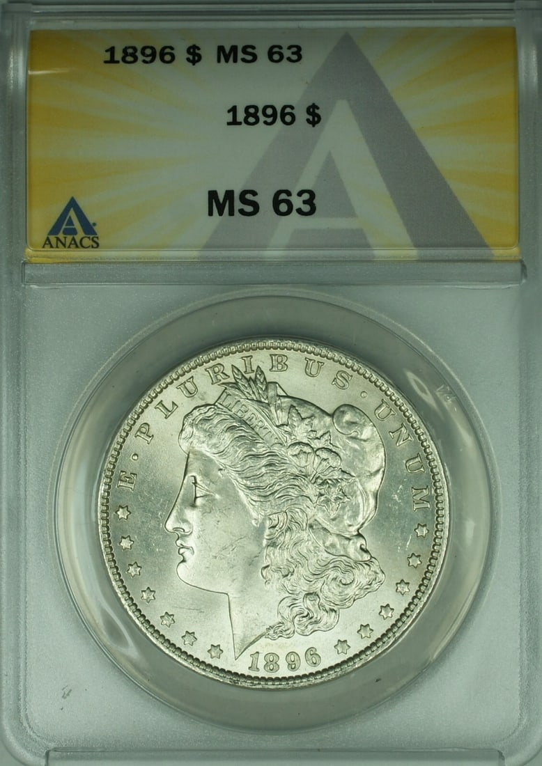 ANACS MS63 1896 Morgan Silver Dollar Philadelphia Mint Uncirculated Coin: ANACS MS63 1896 Morgan Silver Dollar Philadelphia Mint Uncirculated Coin This is an 1896 Morgan Silver Dollar $1 coin graded MS-63 by ANACS. The coin was minted in Philadelphia and is composed of silv