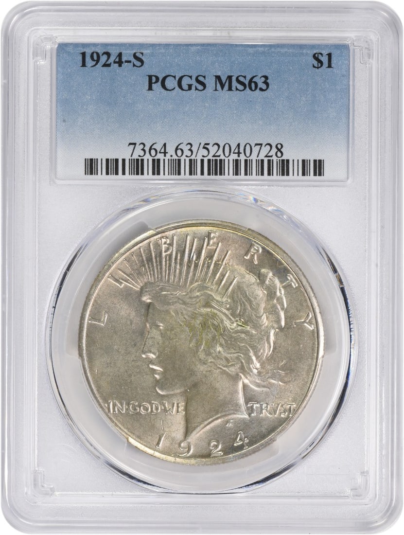 PCGS MS63 San Francisco Mint 1924-S Peace Dollar Silver Coin: PCGS MS63 San Francisco Mint 1924-S Peace Dollar Silver Coin This 1924-S Peace Silver Dollar is an uncirculated coin graded MS63 by PCGS. Minted in San Francisco, it features a composition of 90% silv
