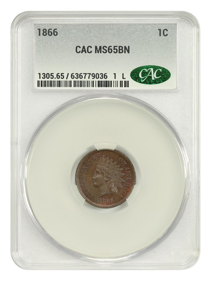 1866 Indian Cent 1C CACG Certified MS65BN Gem Uncirculated Coin: 1866 Indian Cent 1C CACG Certified MS65BN Gem Uncirculated Coin This 1866 Indian Cent is a highly graded, uncirculated coin with a CACG certification. Featuring smooth, lustrous, and crisply struck de