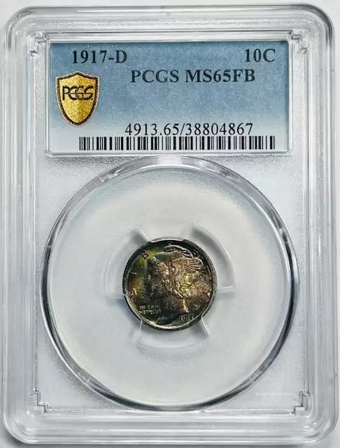 1917 D Mercury Dime PCGS MS-65 FB Rainbow Toning Silver Coin: 1917 D Mercury Dime PCGS MS-65 FB Rainbow Toning Silver Coin This stunning 1917 D Mercury Dime is graded MS-65 by PCGS, showcasing exceptional quality and beauty with its captivating rainbow toning. S