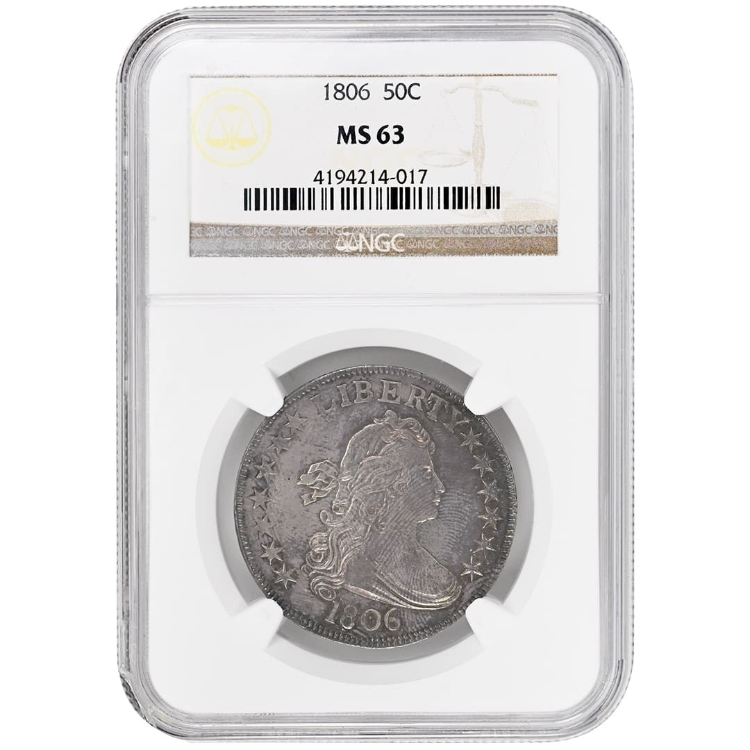 1806 Draped Bust Half Dollar Pointed 6 NGC MS63 Silver Coin: 1806 Draped Bust Half Dollar Pointed 6 NGC MS63 Silver Coin This 1806 Draped Bust Half Dollar is a rare Type 2 Large Eagle variety featuring the Pointed 6 and stem through claw (O-114, Rarity-5). Cert