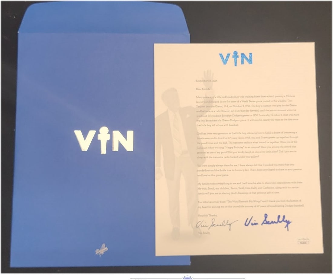 Vin Scully Hand Signed Retirement Letter JSA Authenticated LA Dodgers Rare: Vin Scully Hand Signed Retirement Letter JSA Authenticated LA Dodgers Rare Celebrate the legendary career of Vin Scully with this hand-signed retirement letter dated September 23, 2016. This unique it