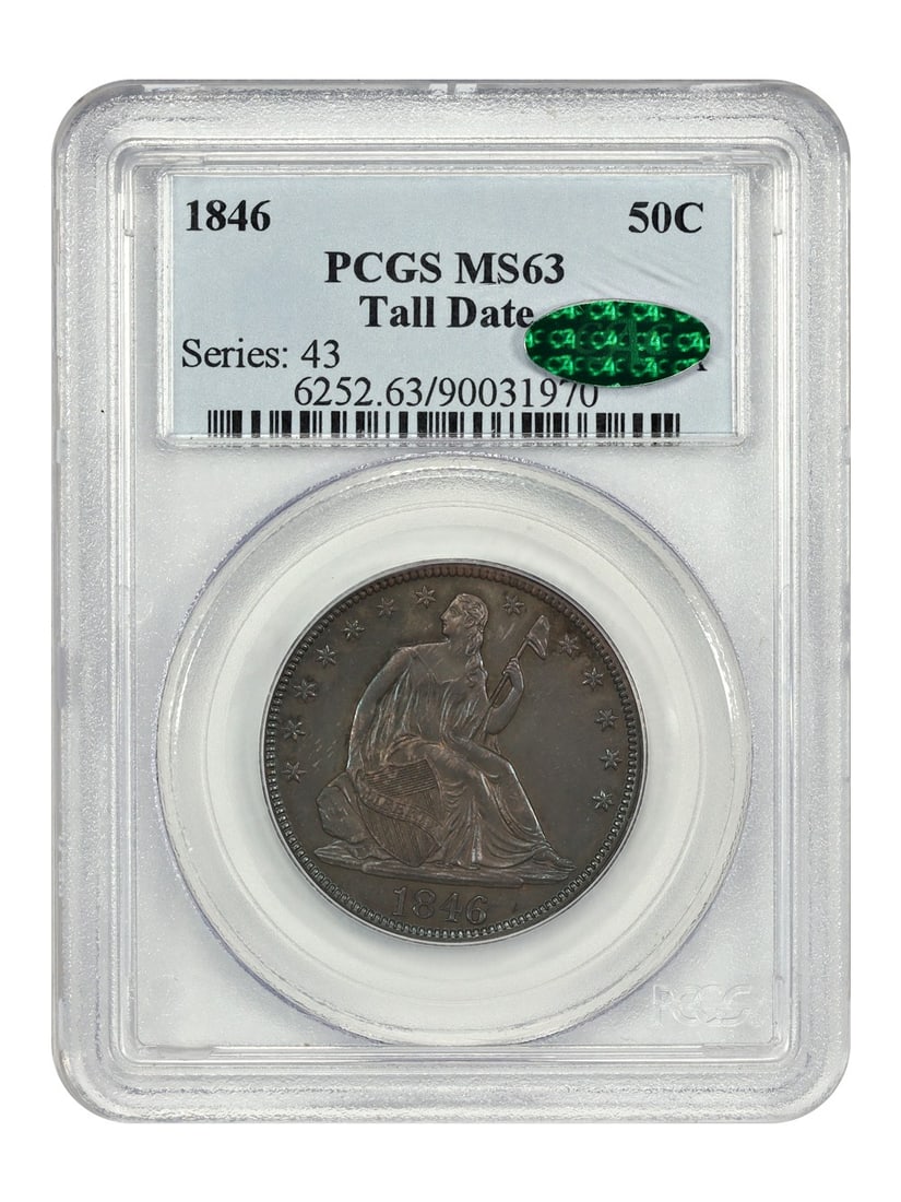 PCGS CAC MS63 1846 Tall Date Liberty Seated Half Dollar 50C: PCGS CAC MS63 1846 Tall Date Liberty Seated Half Dollar 50C This 1846 Liberty Seated Half Dollar features the desirable Tall Date variety and is graded MS63 by PCGS, with CAC approval. Struck in Phila