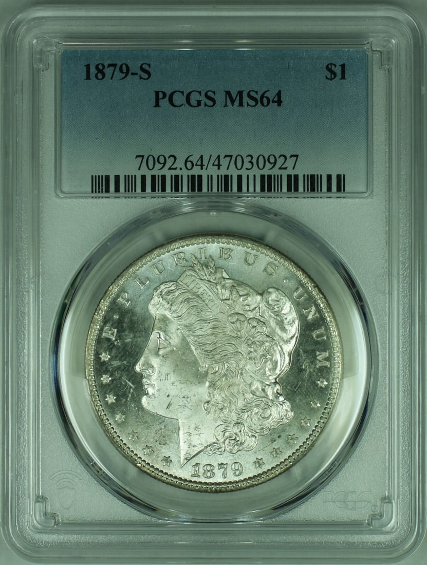 PCGS MS-64 1879-S Morgan Dollar Semi Proof-Like San Francisco Mint Silver Coin: PCGS MS-64 1879-S Morgan Dollar Semi Proof-Like San Francisco Mint Silver Coin This 1879-S Morgan Silver Dollar features Semi Proof-Like surfaces and is graded MS-64 by PCGS. Minted in San Francisco,