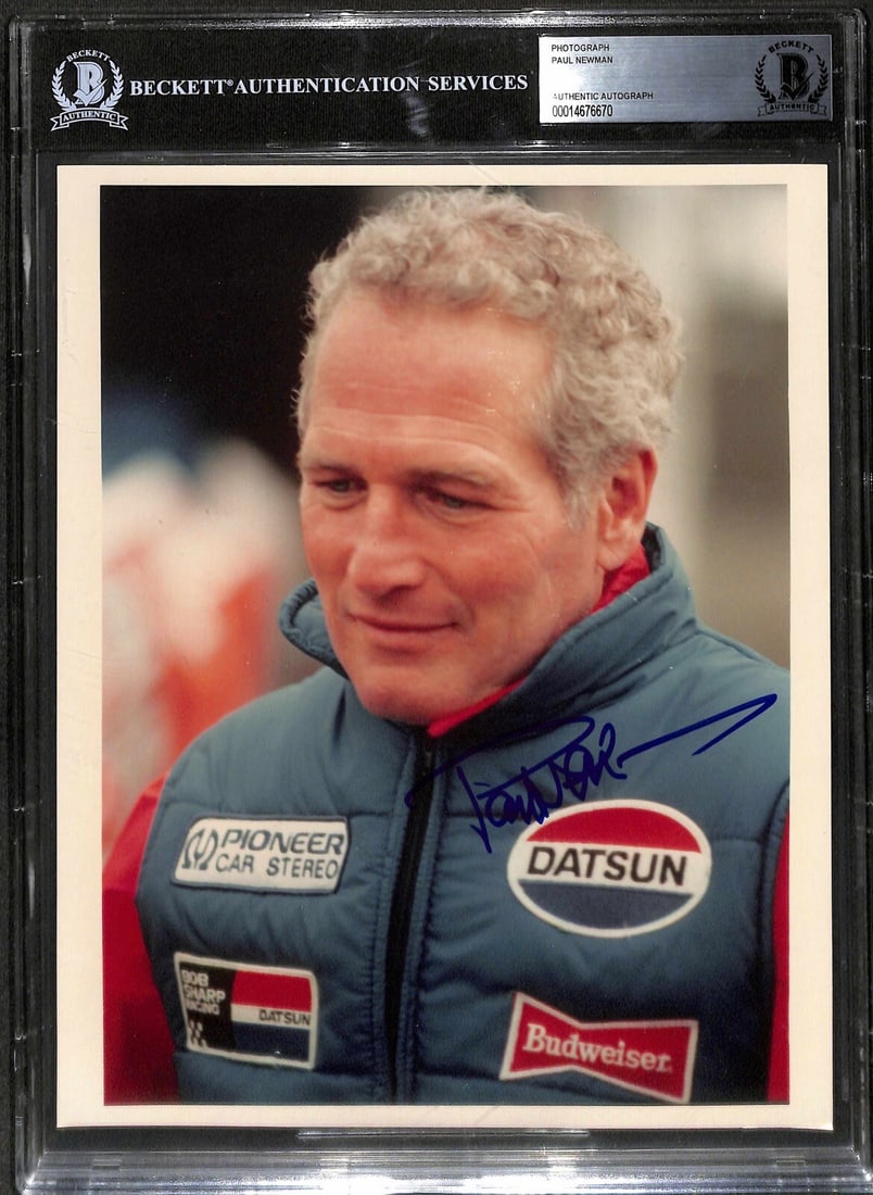 Paul Newman Autographed 8x10 Photo Authenticated by Beckett: Paul Newman Autographed 8x10 Photo Authenticated by Beckett This stunning 8x10 photograph captures the legendary Paul Newman, featuring his authentic signature in blue permanent marker. The autograph