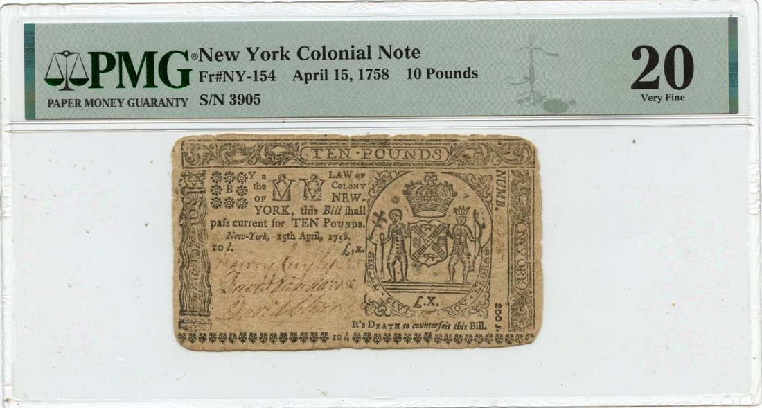 1758 New York Colonial 10 Pounds Note FR#NY-154 PMG VF20 (1 of 2)