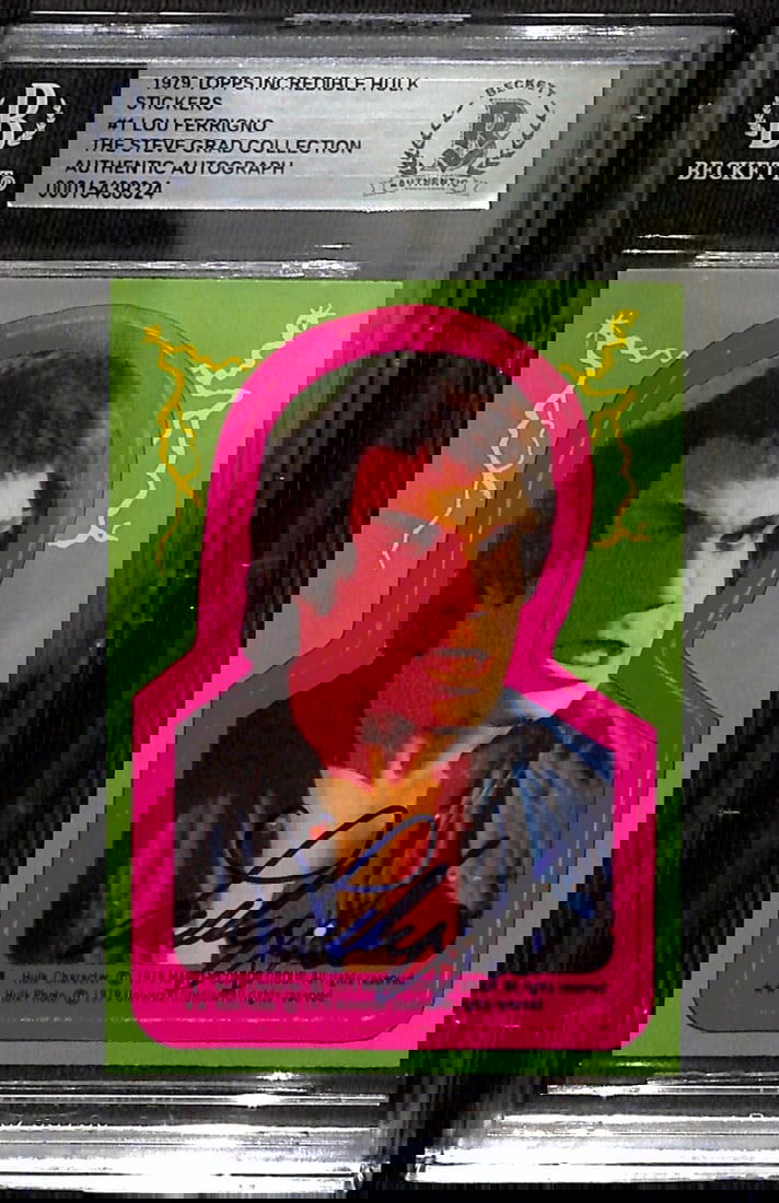 Lou Ferrigno Signed 1979 Topps Incredible Hulk Stickers #1 Beckett Authenticated: Lou Ferrigno Signed 1979 Topps Incredible Hulk Stickers #1 Beckett Authenticated This is a signed 1979 Topps Incredible Hulk Stickers #1 trading card featuring the iconic character portrayed by Lou Fe