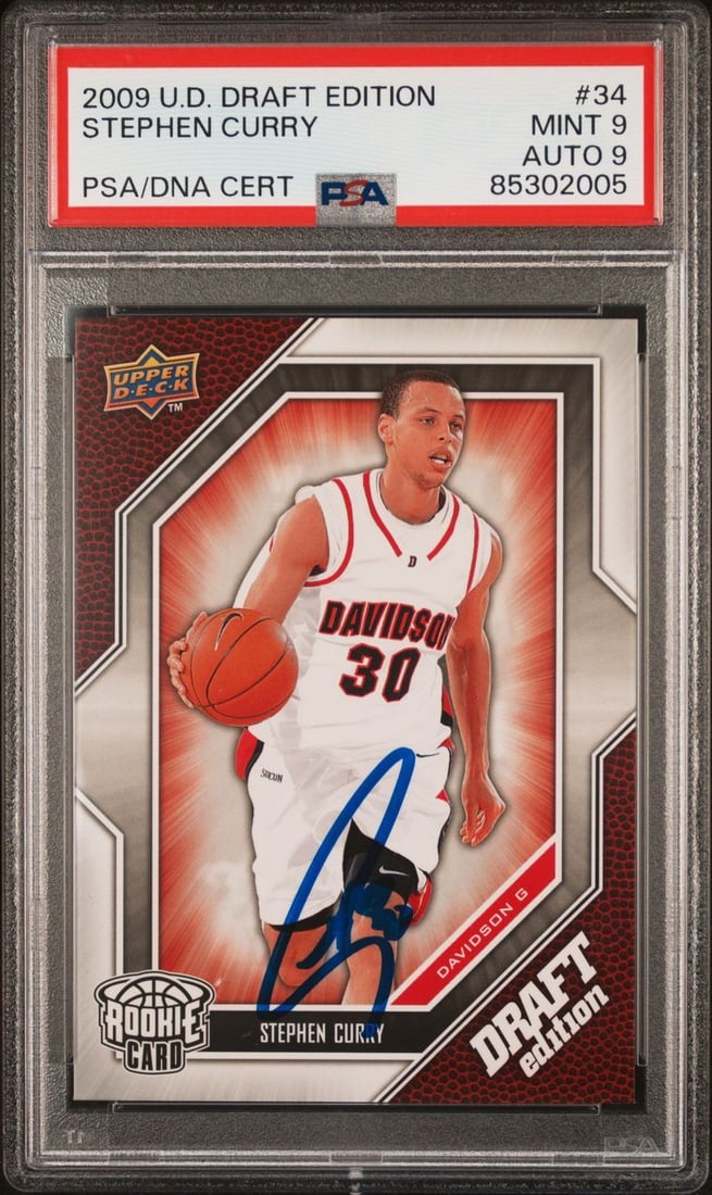 2009 Stephen Curry Autographed Rookie Card PSA 9 AUTO 9 Upper Deck #34: 2009 Stephen Curry Autographed Rookie Card PSA 9 AUTO 9 Upper Deck #34 This is a 2009 UD Draft Edition #34 sports trading card featuring the signature of basketball star Stephen Curry. The card is a p