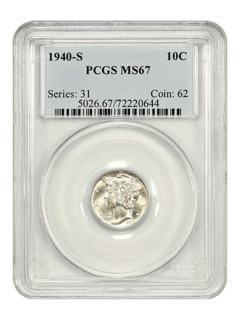 1940-S Mercury Dime PCGS MS67 Uncirculated Certified Coin: 1940-S Mercury Dime PCGS MS67 Uncirculated Certified Coin This 1940-S Mercury Dime is a stunning example of numismatic excellence, graded MS67 by PCGS, signifying its uncirculated condition. Minted in