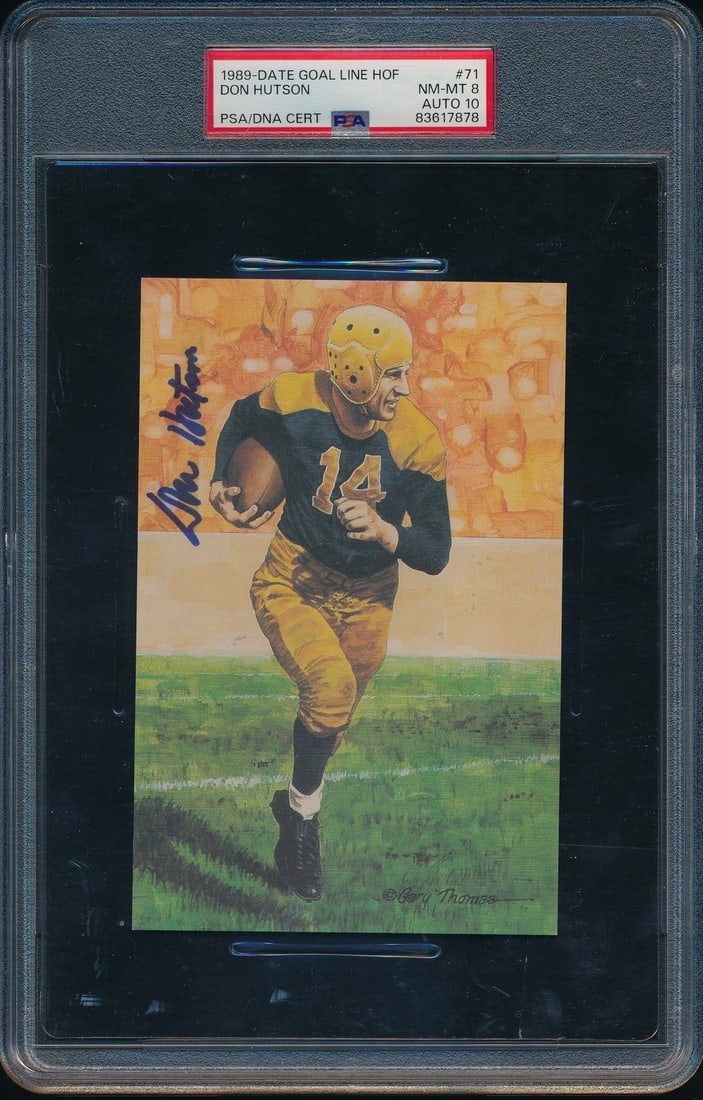 Don Hutson HOF Autographed 1991 Goal Line Art Postcard PSA/DNA: Don Hutson HOF Autographed 1991 Goal Line Art Postcard PSA/DNA This is an original, autographed 1991 Goal Line Art GLAC postcard featuring Don Hutson, a Hall of Fame football player for the Green Bay