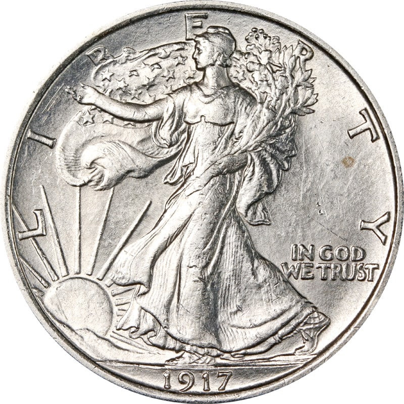 1917-P Walking Liberty Half 90% Silver Circulated Coin: 1917-P Walking Liberty Half 90% Silver Circulated Coin This 1917-P Walking Liberty Half showcases the iconic design of one of America's most beloved coins. Struck in silver with a fineness of 0.9, thi
