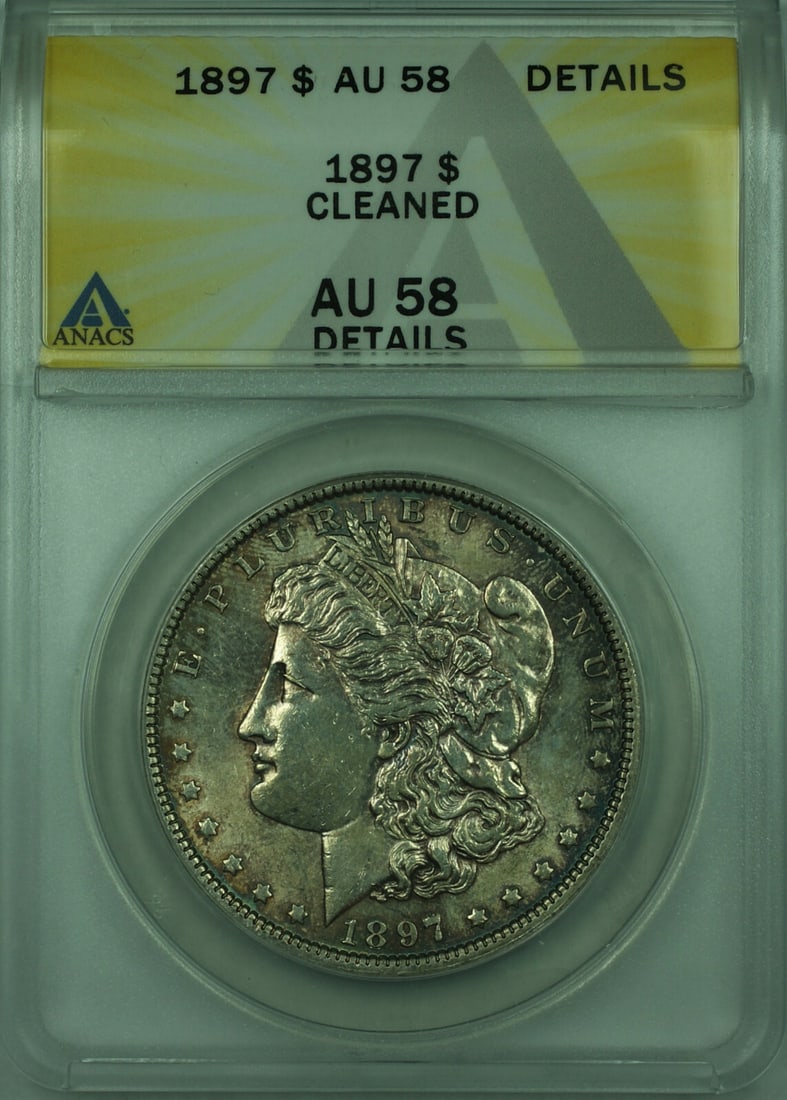ANACS AU-58 1897 Morgan Dollar Silver $1 Philadelphia Toned Certified Coin: ANACS AU-58 1897 Morgan Dollar Silver $1 Philadelphia Toned Certified Coin This is an 1897 Morgan Silver Dollar $1 coin graded AU-58 Details by ANACS. The coin is composed of 90% silver and was minted