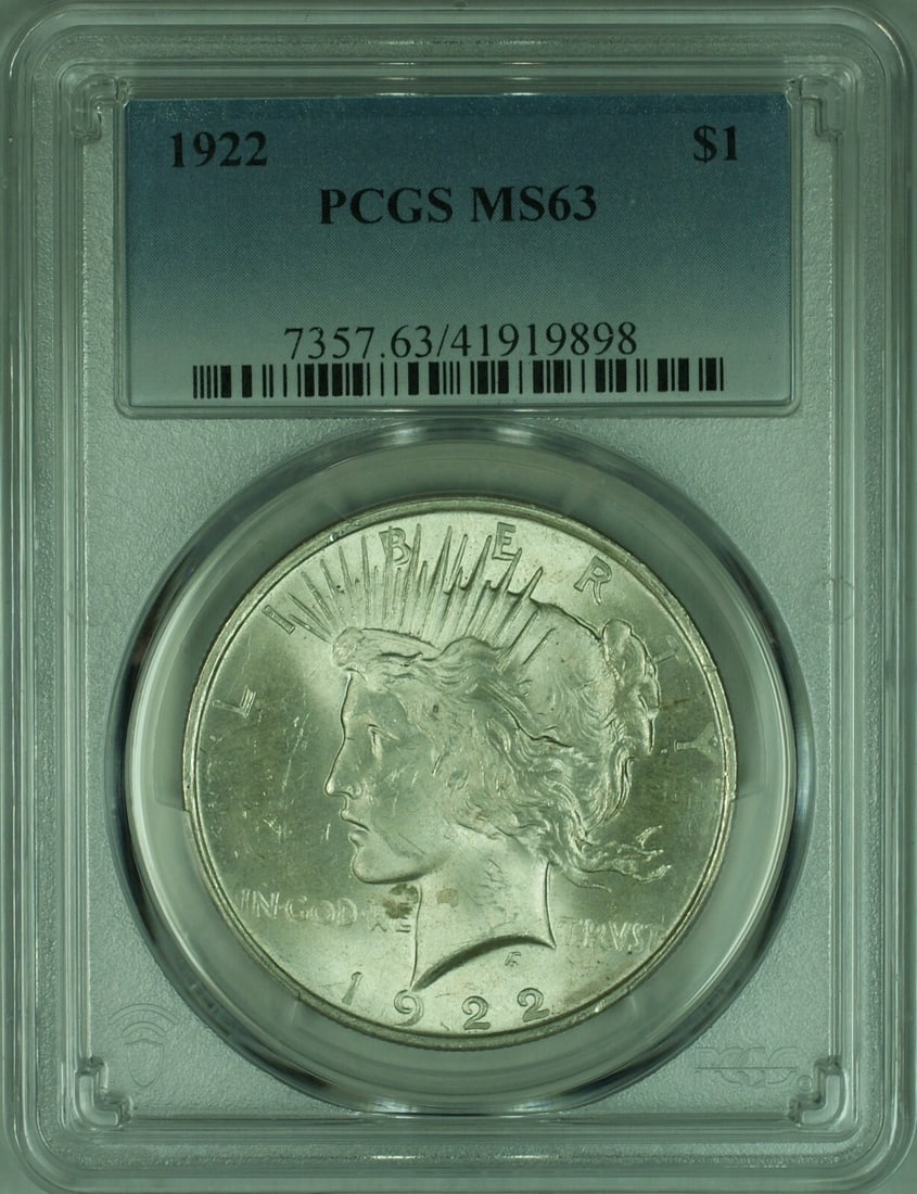 PCGS MS 63 1922 Peace Dollar Silver Coin Philadelphia Mint: PCGS MS 63 1922 Peace Dollar Silver Coin Philadelphia Mint This 1922 Peace Silver Dollar features a grade of MS-63 as certified by PCGS. Minted in Philadelphia, this uncirculated coin is composed of s