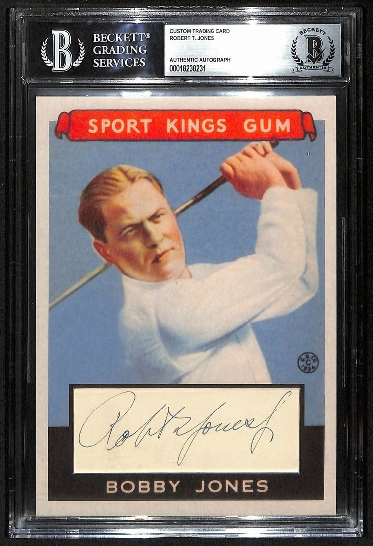 Bobby Jones Signed 5x7 Custom Goudey Card #38 Beckett Authenticated: Bobby Jones Signed 5x7 Custom Goudey Card #38 Beckett Authenticated This offering features a Bobby Jones Golf Hall of Fame signed and autographed 5x7 Custom Goudey Card, recognized as card #38. The au