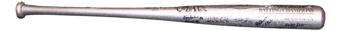 Autographed Baseball Bat with 19 Signatures including Gwynn and Puckett JSA: Autographed Baseball Bat with 19 Signatures including Gwynn and Puckett JSA This is a collectible autographed baseball bat featuring the signatures of 19 all-time batting champions, including legends