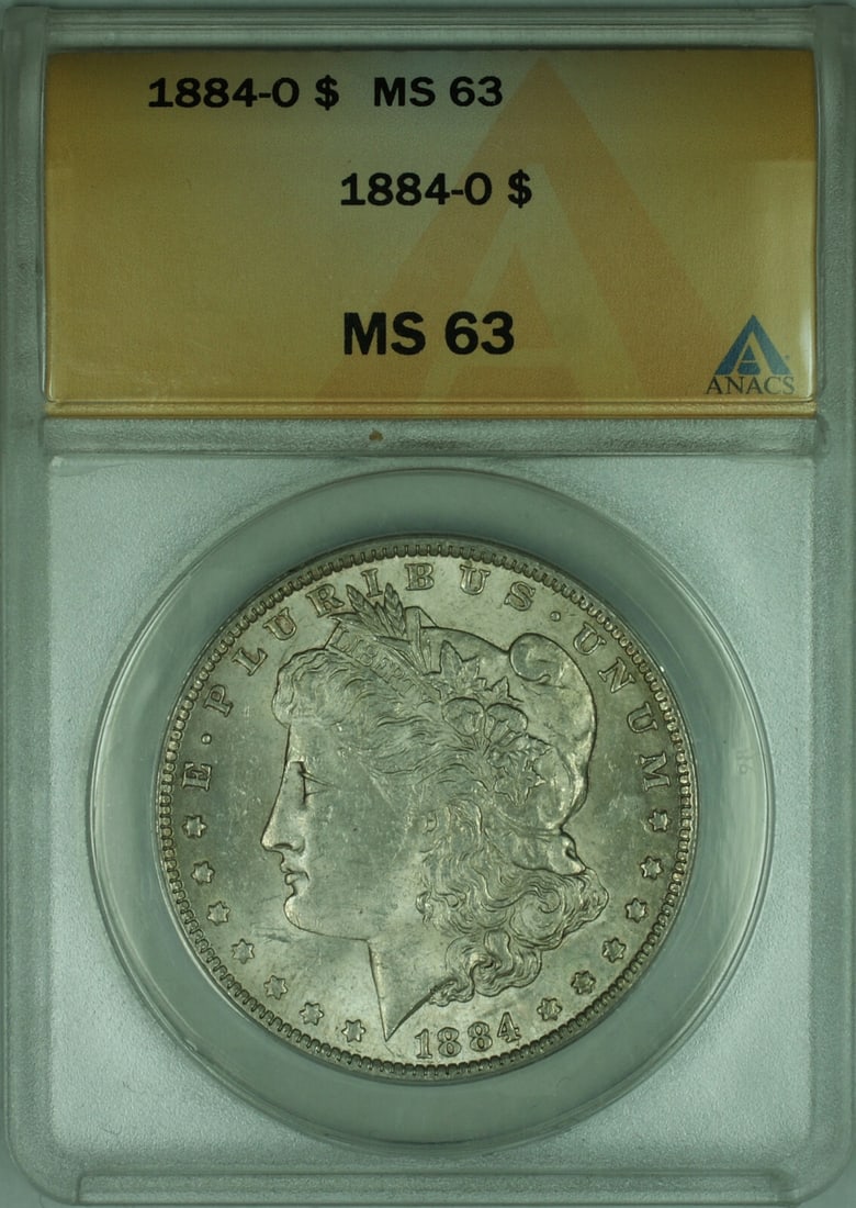 ANACS MS-63 1884-O Morgan Dollar Silver US Coin Light Toning: ANACS MS-63 1884-O Morgan Dollar Silver US Coin Light Toning This 1884-O Morgan Silver Dollar is an uncirculated $1 coin from the United States, minted in New Orleans. Graded MS 63 by ANACS, the coin