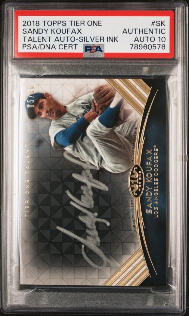 Sandy Koufax 2018 Topps Tier One Talent Silver Ink PSA 10 #SK Dodgers 5/10: Sandy Koufax 2018 Topps Tier One Talent Silver Ink PSA 10 #SK Dodgers 5/10 This collectible features a Sandy Koufax 2018 Topps Tier One Talent baseball card, showcasing stunning silver ink. Graded by